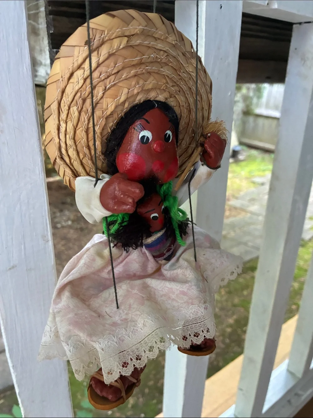 Handcrafted Red Face Girl Marionette Doll with Straw Hat